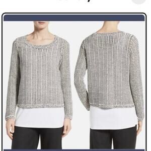 Eileen Fisher Organic Cotton & Linen Black & White Knit Crew Knit Sweater Large